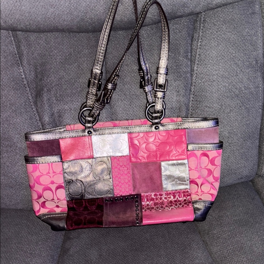 Coach Pink and Silver Patchwork Tote Bag